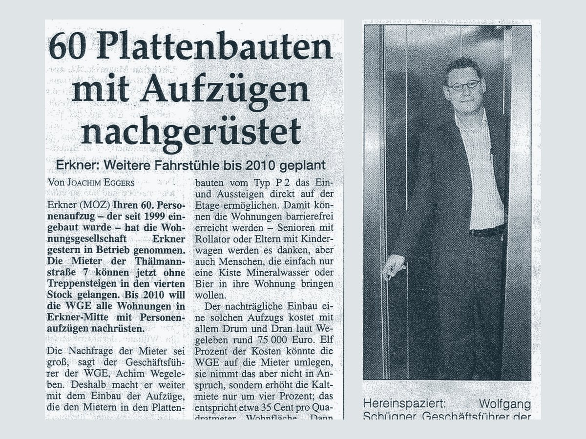 Zeitungsartikel der Märkischen Oderzeitung von 2006: „60 Plattenbauten mit Aufzügen nachgerüstet“, mit Foto von Wolfgang Schügner im Aufzug